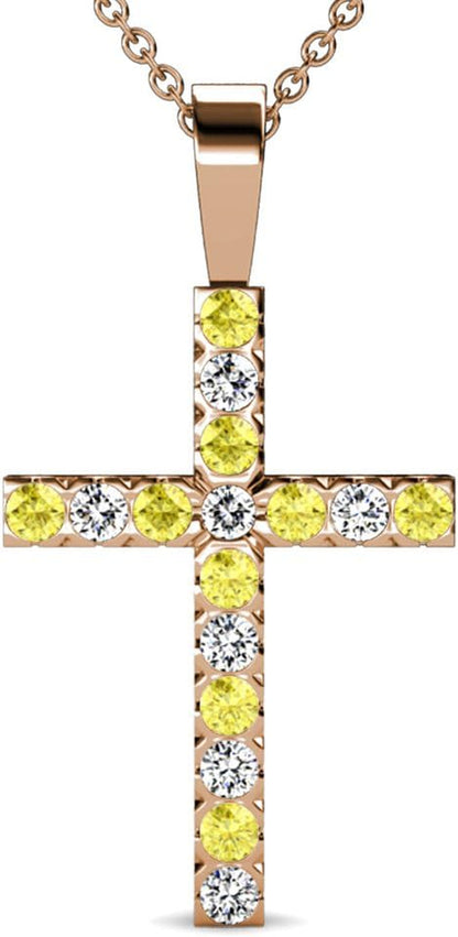 Yellow Sapphire & Natural Diamond (SI2-I1,G-H) Cross Pendant 0.53 Ctw 14K Gold. Included 16 Inches 14K Gold Chain.