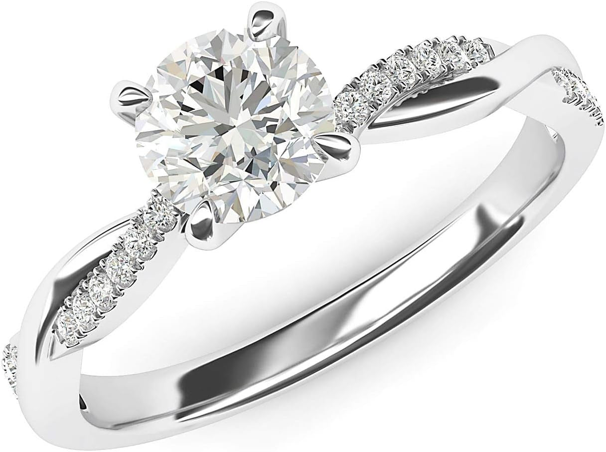 Solid 14K White Gold 4-Prong Petite Twisted Vine Simulated 1.0 CT Diamond Engagement Ring Promise Bridal Ring
