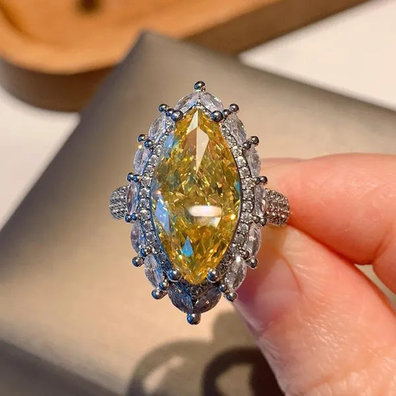 Trendy Marquise Cut Citrine Gemstone Silver Plated Rings for Women Bridal Engagement Wedding Rings Jewelry