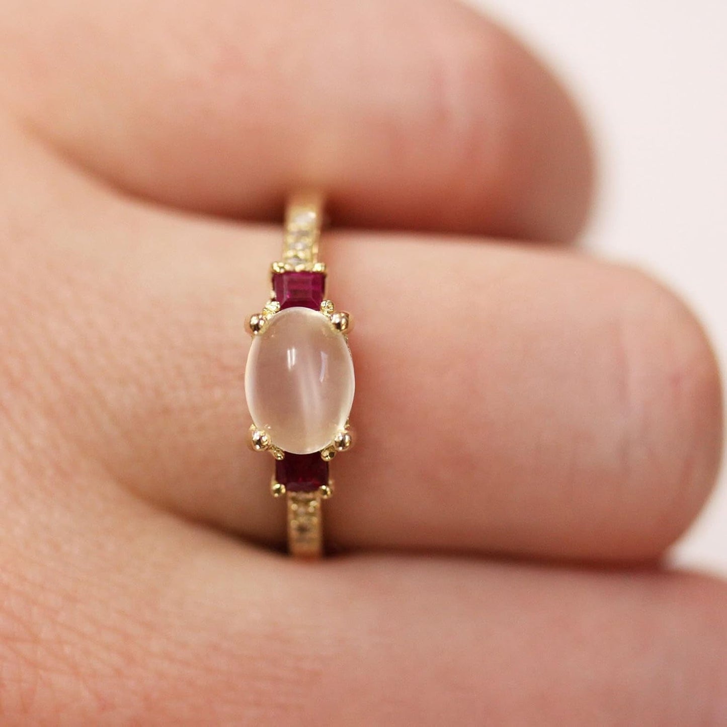2.65 Ct Tw Natural Cabochon Moonstone, Red Ruby & Diamond Solid 14K Rose Gold 3 Stone Engagement Ring for Women 6 Mm (18K White Gold, 5.75)