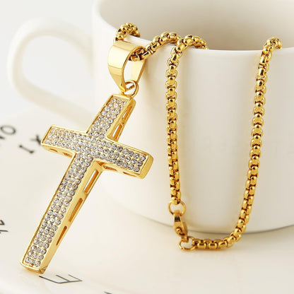 Mens Iced Out Cross Cz Inlay Pendant 18K Gold Plated Stainless Steel Hip-Hop Necklace 24"