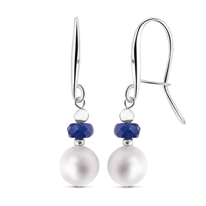 Real Stone and Freshwater Pearl Drop Earrings with Solid 925 Sterling Silver and Gold Dangle Birthstone Jewelry Gift for Her  (Sapphire, Sterling-Silver)