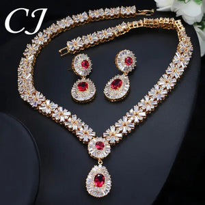 CANDICE African Gold Plating Hand-Inlay CZ Pendant Necklace and Earrings Gorgeous Dubai Women Wedding Party Tear Drop Jewelry Set with Red Crystal
