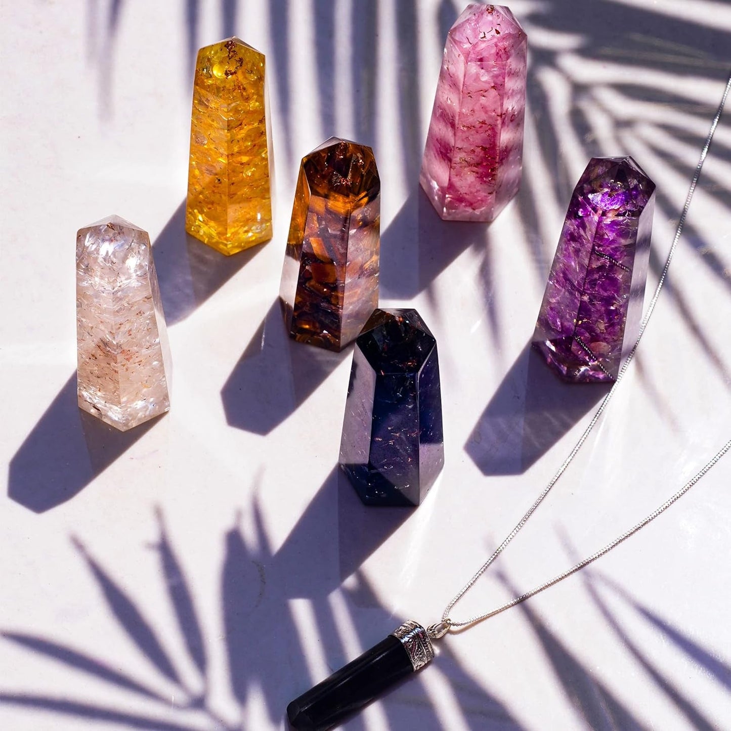 Healing Crystal Wand Set of 6 Orgonite – Includes 3” Amethyst Crystal, Tigers Eye, Rose Quartz, Black Tourmaline Stone, Citrine and Clear Quartz Orgone Crystal plus Black Tourmaline Necklace