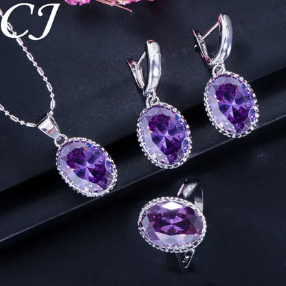 CANDICE Romantic Round Shaped Purple Crystal Sterling Silver Plated Jewelry Set For Party Necklace Earrings Ring Sets（US 6-9)