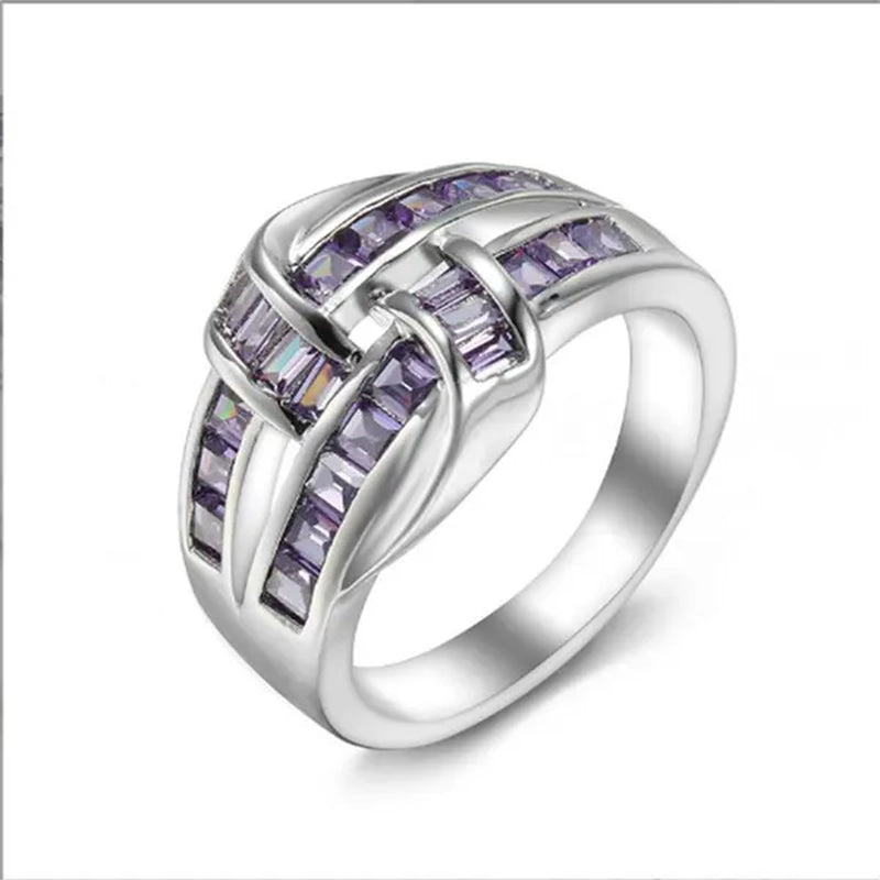 Princess Silvering Purple Amethyst Gemstone Birthstone Wedding Engagement Heart Ring