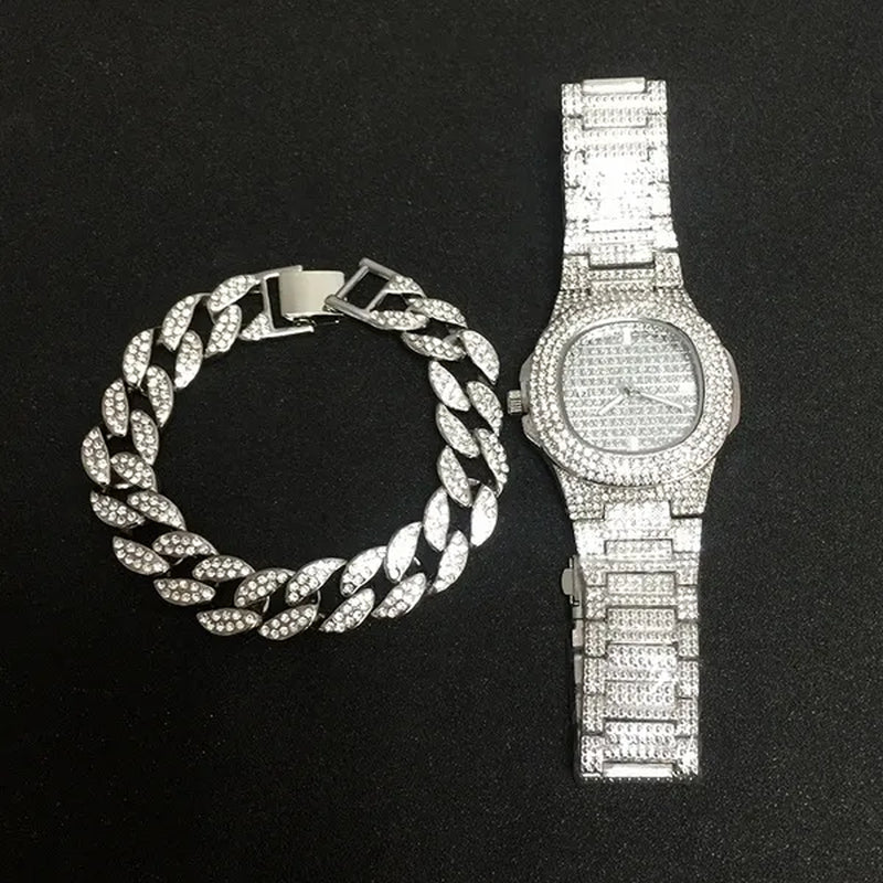 Necklace +Watch+Bracelet Hip Hop Miami Curb Cuban Chain Iced Out Paved Rhinestones CZ Bling Rapper For Men Jewelry