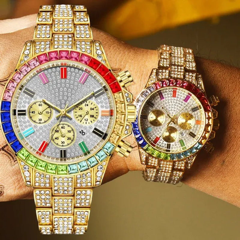 Men Watch Luxury Brand Mens Gold Men Watch Quartz Clock Chronograph Colorful Diamond Steel Iced Out Watch Reloj Hombre
