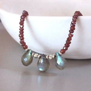 Labradorite Mystic Red Garnet Necklace Sterling Silver DJStrang Boho Chic Red Gray Blue Green Gemstone Spectrolite Briolette Sundance Style
