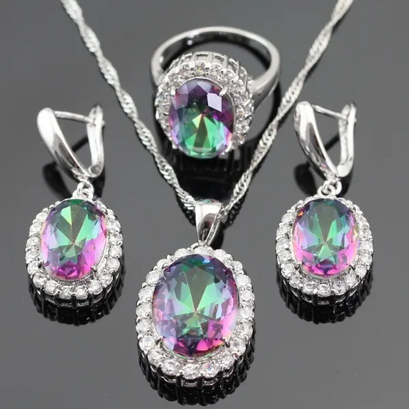 Huge round 925 Sterling Silver Jewelry Sets Multicolor Rainbow Topaz White Topaz Necklace Pendant Drop Earrings Ring for Women Free Gift Box