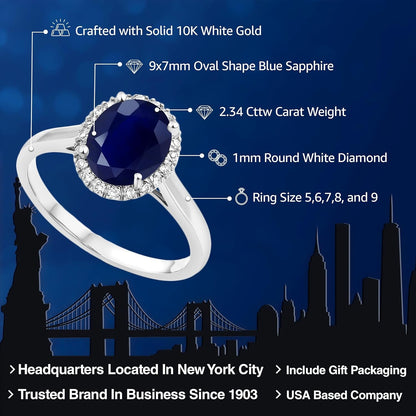 10K White Gold Blue Sapphire and Diamond Engagement Ring | 2.34 Cttw | Oval 9X7MM | Wedding Anniversary Promise Ring for Women | Gemstone Birthstone