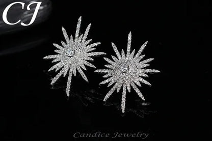 CANDICE 925 Sterling Silver Plating Hypoallergenic Snowflake Cubic Zirconia Stones Big Stud Earrings for Women Girls Wedding Party Jewelry