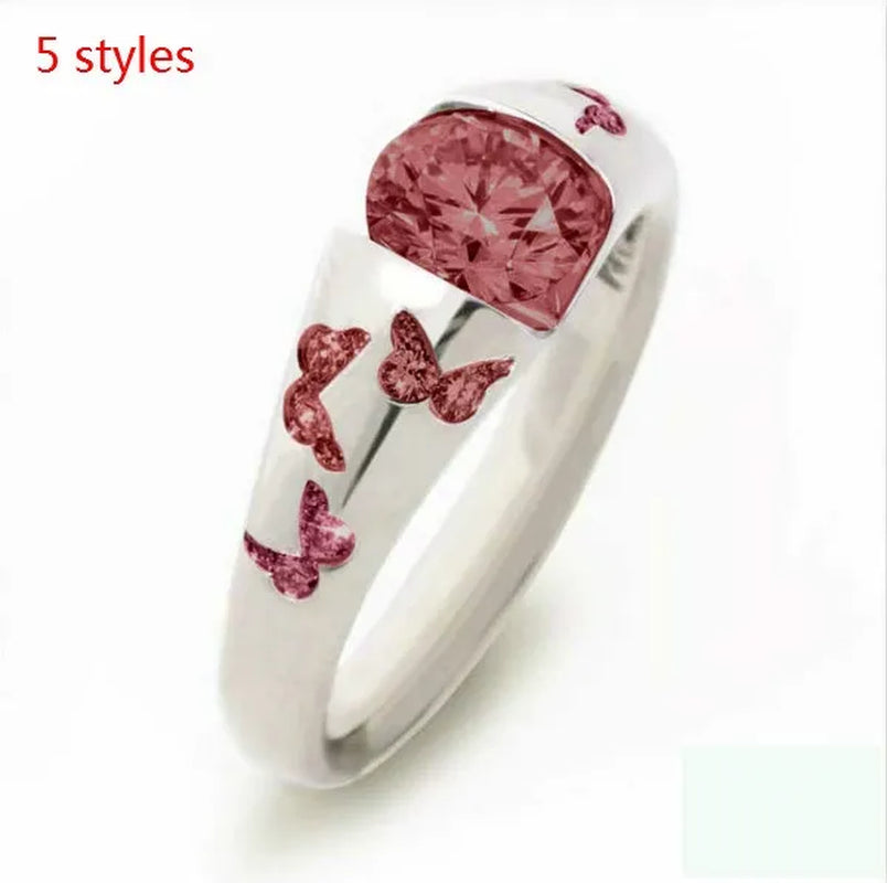 Latest Creative Lady Fashion Fresh Butterfly Ring Elegant Temptation Princess Engagement Wedding Ring Anniversary Gift Birthday Party Jewelry Size US5-11 (6 Colors)