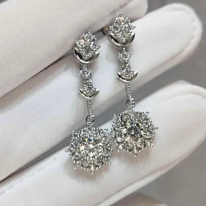Elegant Lab Diamond Crystal Snowflake Flower Drop Earrings Women Christmas Gifts Ssilver Plated Earrings Party Fine Jewelry