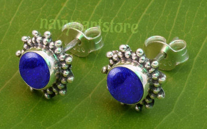 Lapis Lazuli Stone Stud Earring, Handmade 925 Sterling Silver Stud Earrings for Women and Girls, Solitaire Stud Earring, round Stone Stud Earrings, Gift Jewelry for Her