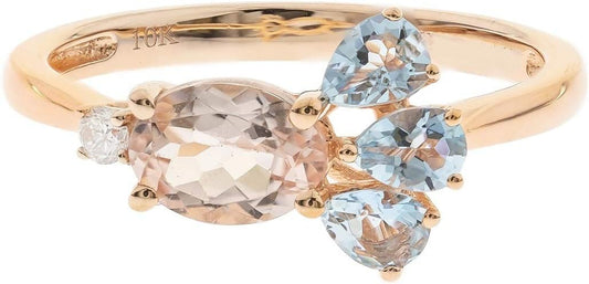 Gin and Grace 10K Rose Gold Genuine Aquamarine & Genuine Morganite Ring with Diamonds for Women | Ethically, Authentically & Organically Sourced (Oval & Pear) Shaped Aquamarine Hand-Crafted Jewelry for Her | Aquamarine Ring for Women