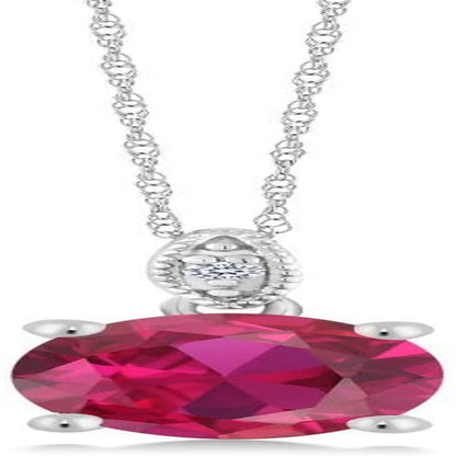 10K White Gold Red Created Ruby and White Diamond Pendant Necklace for Women (2.00 Cttw, Oval 9X7MM, with 18 Inch Chain)