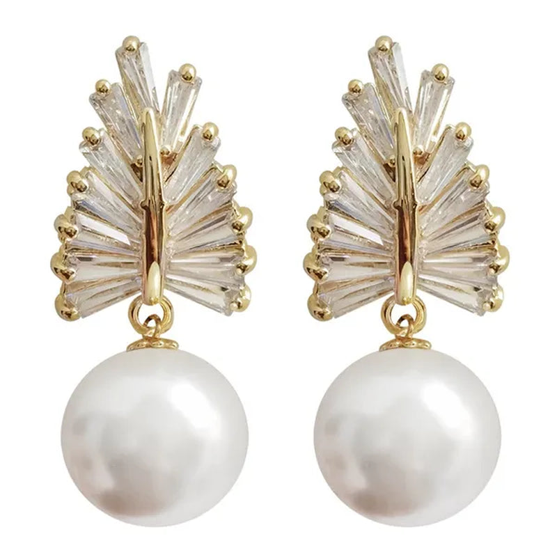 Trendy Micro Pave Cubic Zirconia Leaf Pearl Drop Earrings for Women Elegant Temperament Jewelry