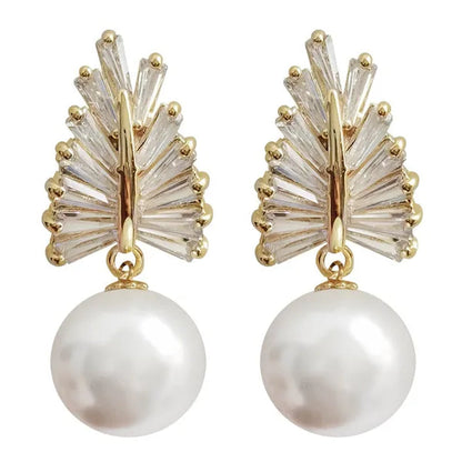 Trendy Micro Pave Cubic Zirconia Leaf Pearl Drop Earrings for Women Elegant Temperament Jewelry