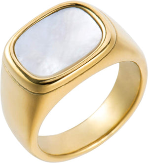 18K Gold Plated Womens Gold Signet Ring Starburst Gold Signet Rings Star Minimalist Signet Ring Mother of Pearl Statement Signet Ring