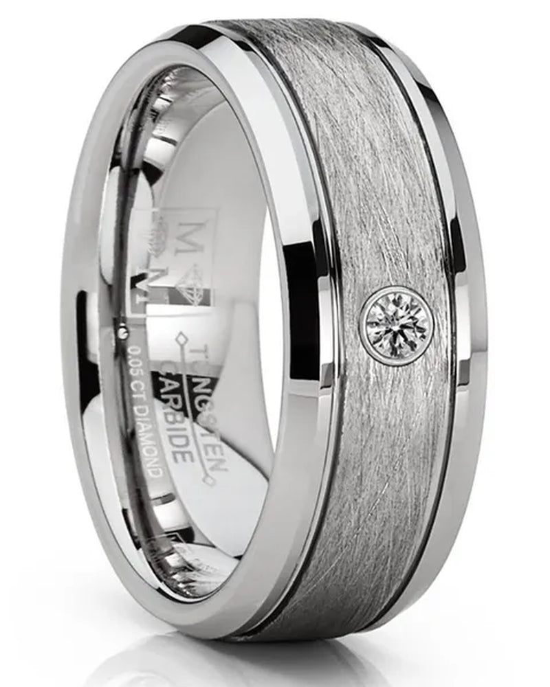 Men'S Tungsten Wedding Band 0.05 Carats Diamond Texture Brush High-Polish Silver-Toned 8MM