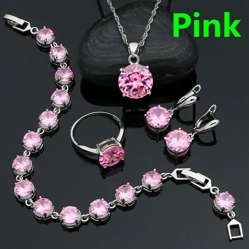 925 Sterling Silver Jewelry Set Olive Green Cubic Zirconia Retro Earrings Ring Pendant Necklace Bracelet 4Pcs for Bride