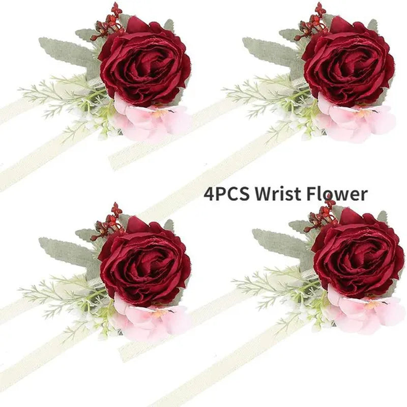 4Pcs Peony Wrist Corsages Bride Wristlet Band Bracelet Men Boutonnieres Set for Wedding Flowers Mother of Bride and Groom, Party Prom Flowers