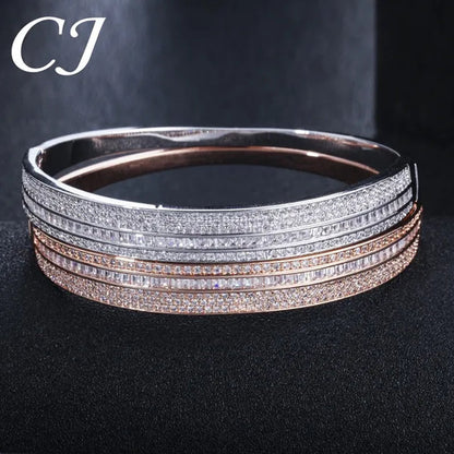 CANDICE New Fashion Simple Unisex Open Bangle Setting Sparkling CZ Stone Rose Gold & White Gold Plated Cuff Bracelet Jewelry for Women Men Couple Gift