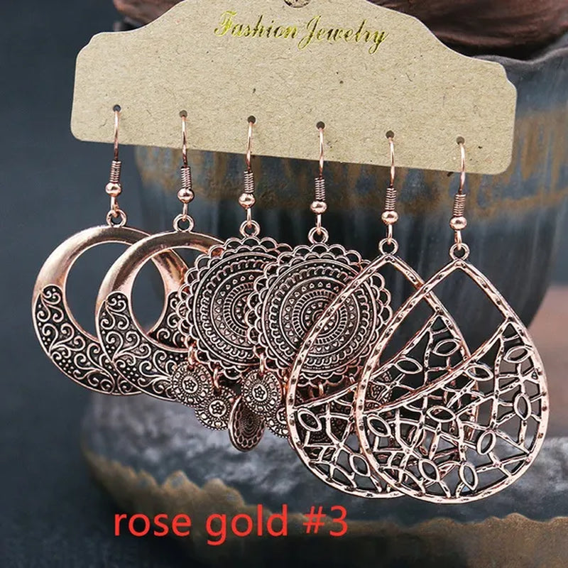 3 Pairs Women's Fashion Jewelry Vintage Bohemian Ethnic Carved Dangle Earrings for Women Charm Geometry Leaves Hoop Earring Wedding Engagement Party Banquet Earrings