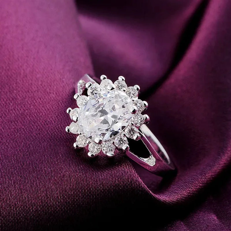 NEW 925 Sterling Silver Shiny Crystal Flower Rings for Women Fashion Wedding Party Gifts Girl Student Charm Jewelry