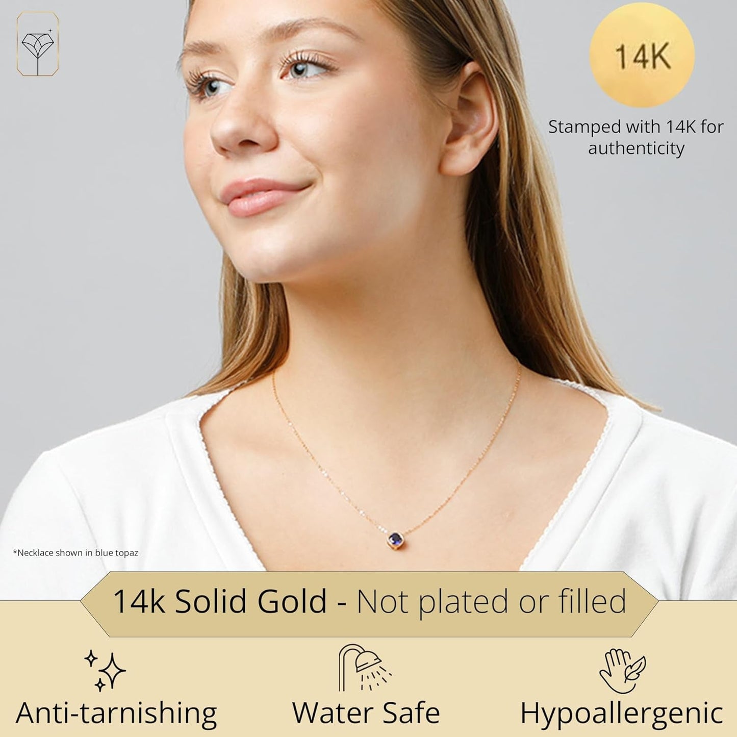 14K White or Yellow Gold round Pendant Necklace for Women with 7 Mm Gemstone Birthstone on 18 Inch Cable Chain Spring Ring Clasp Bezel