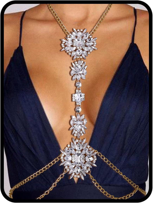 Boho Rhinestone Statement Chest Chain Crystal Necklace Body Chain Summer Beach Body Jewelry Accessories for Women