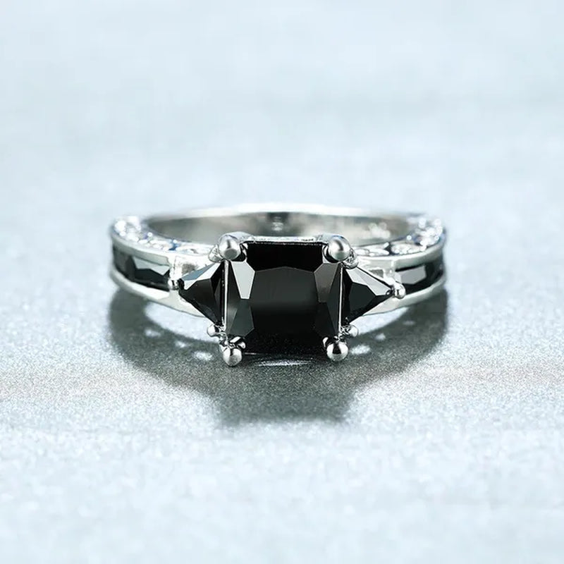 Fashion Women 18K White Gold Princess Cut Black Sapphire Diamond Wedding Ring Party Jewelry Gifts Size 6 7 8 9 10