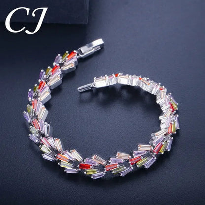 CANDICE New Trendy Sterling Silver Hand Bangle Jewelry Noble Rectangle Purple Crystal Women Tennis Bracelets With White Zirconia