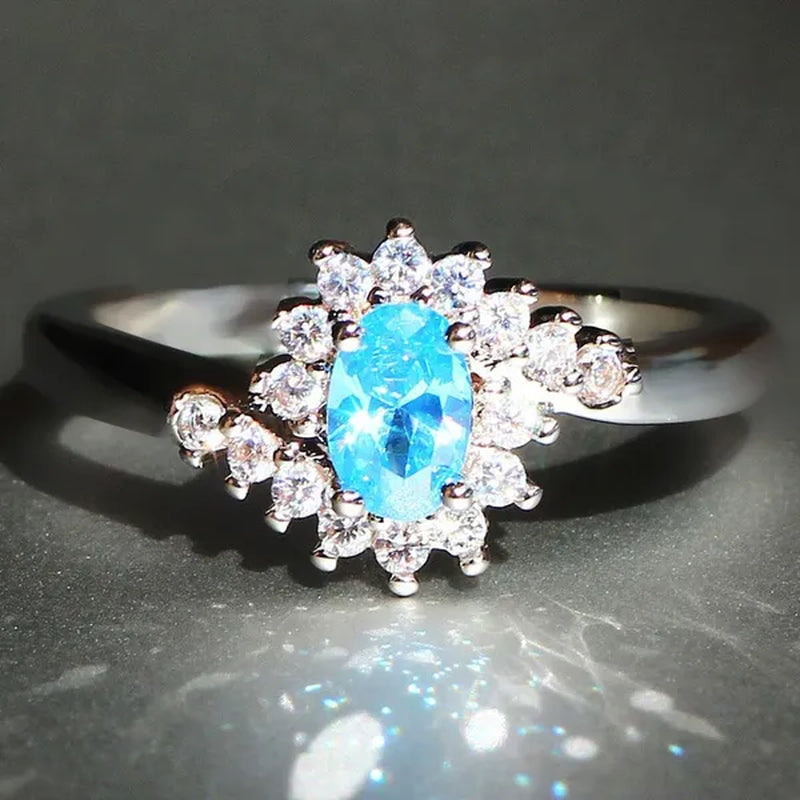 Exquisite  Silver Natural Sapphire Gemstones Opal Birthstone Bride Princess Wedding Engagement Strange Ring Size 6 7 8 9 10