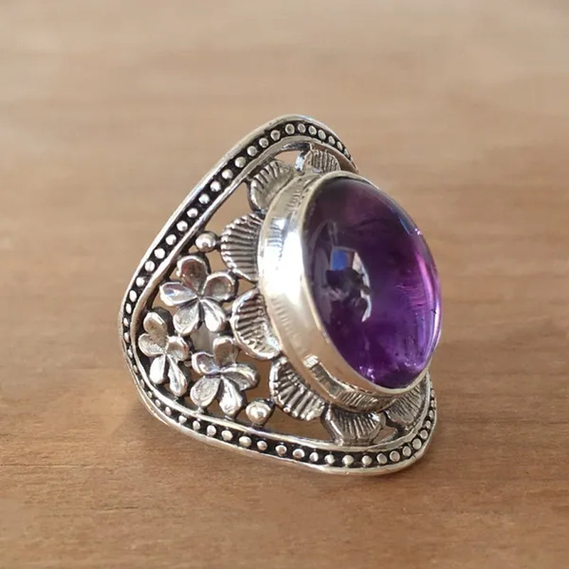Exquisite Woman Fashion Vintage Wide Edge Engraved Flower Ring Natural Amethyst Gemstone Ring Engagement Party Bride Wedding High Jewelry Christmas Valentine'S Day Gift Ring Size US4-12