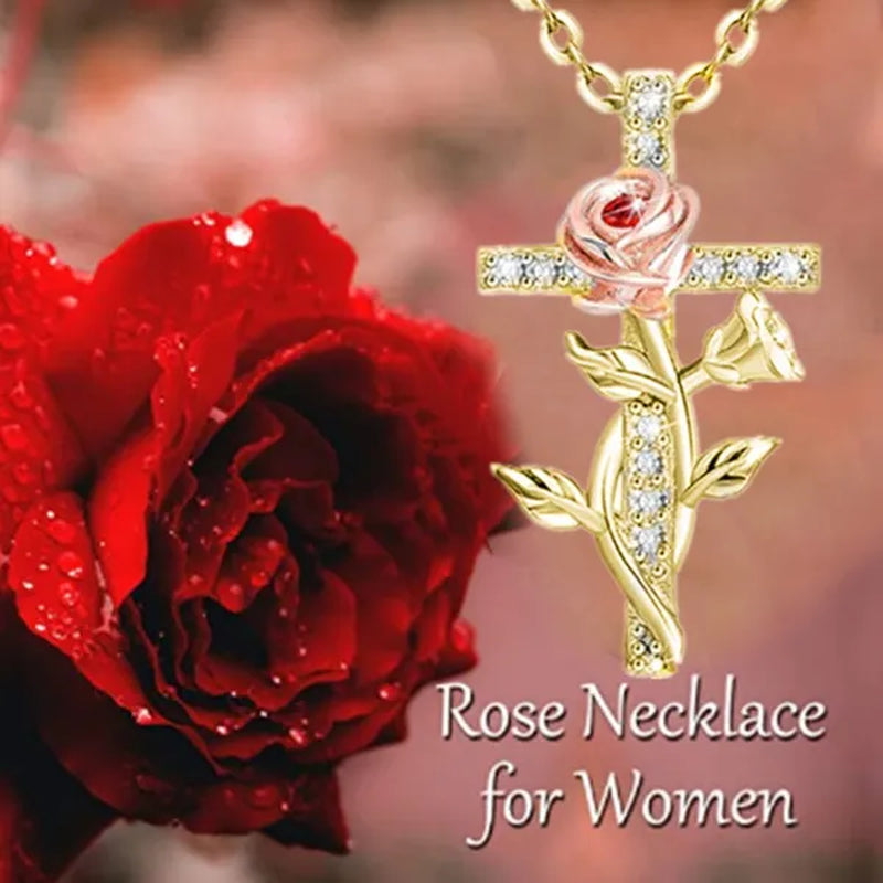 Elegant Fashion Creative Cross Rose Necklace Natural Crystal Cross Diamond Necklace Religious Cross Flower Pendant Women'S Necklace Wedding Pendant Birthday Party Anniversary Gift