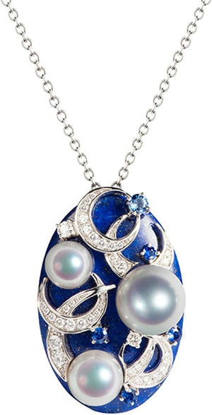 18K Gold Necklaces for Women Womens Necklaces Diamond 0.7Ct Moon Lapis Lazuli round Pearl Pendant Necklaces Silver