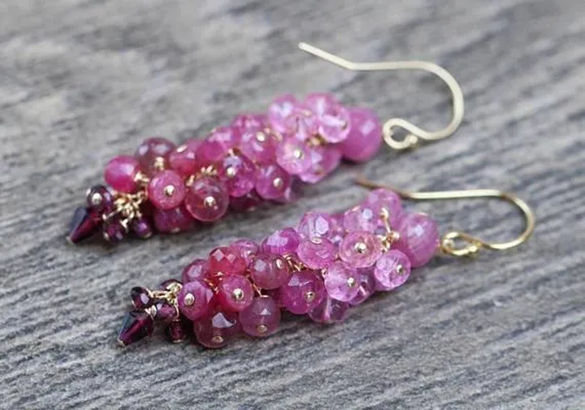 Pink Topaz Earrings Ruby Cluster Earrings Pink Tourmaline Earrings