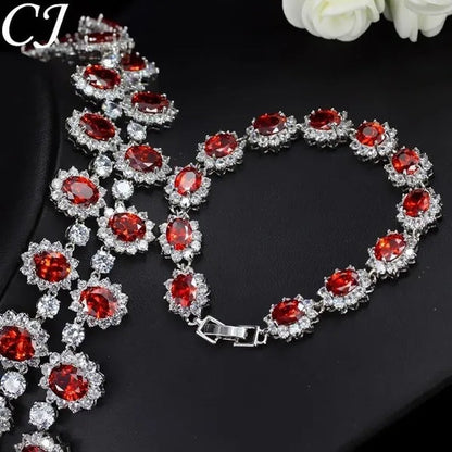 CANDICE Elegant Red Wedding Jewelry Set Micro CZ Stone Paved Oval Crystal Drop Earrings Bracelet and Necklace Sets for Bride