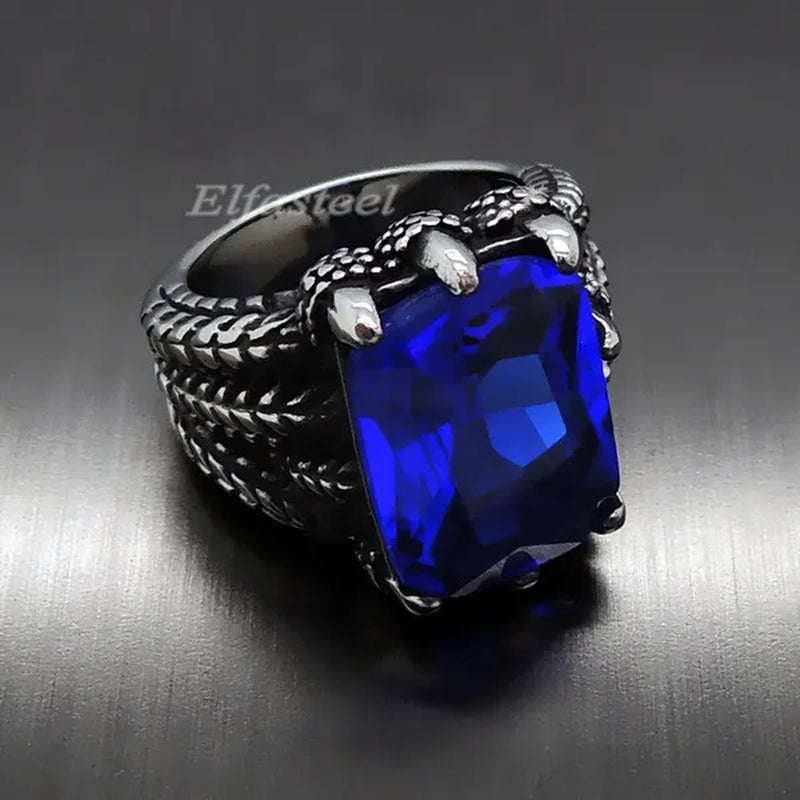 MEN'S BOY"S Dragon Claw Sapphire Ruby Blue CZ 316L Silver Stainless Steel Biker Ring US Size 8 To15