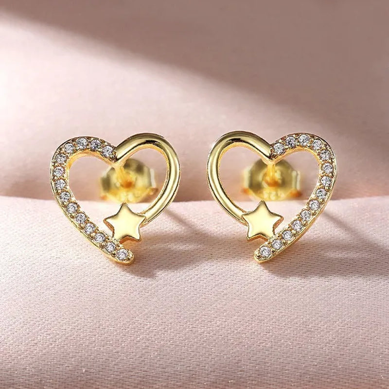 14K  Gold Love Heart Star White Zircon Stud Earrings for Women Wedding Engagement Bride Jewelry Gift