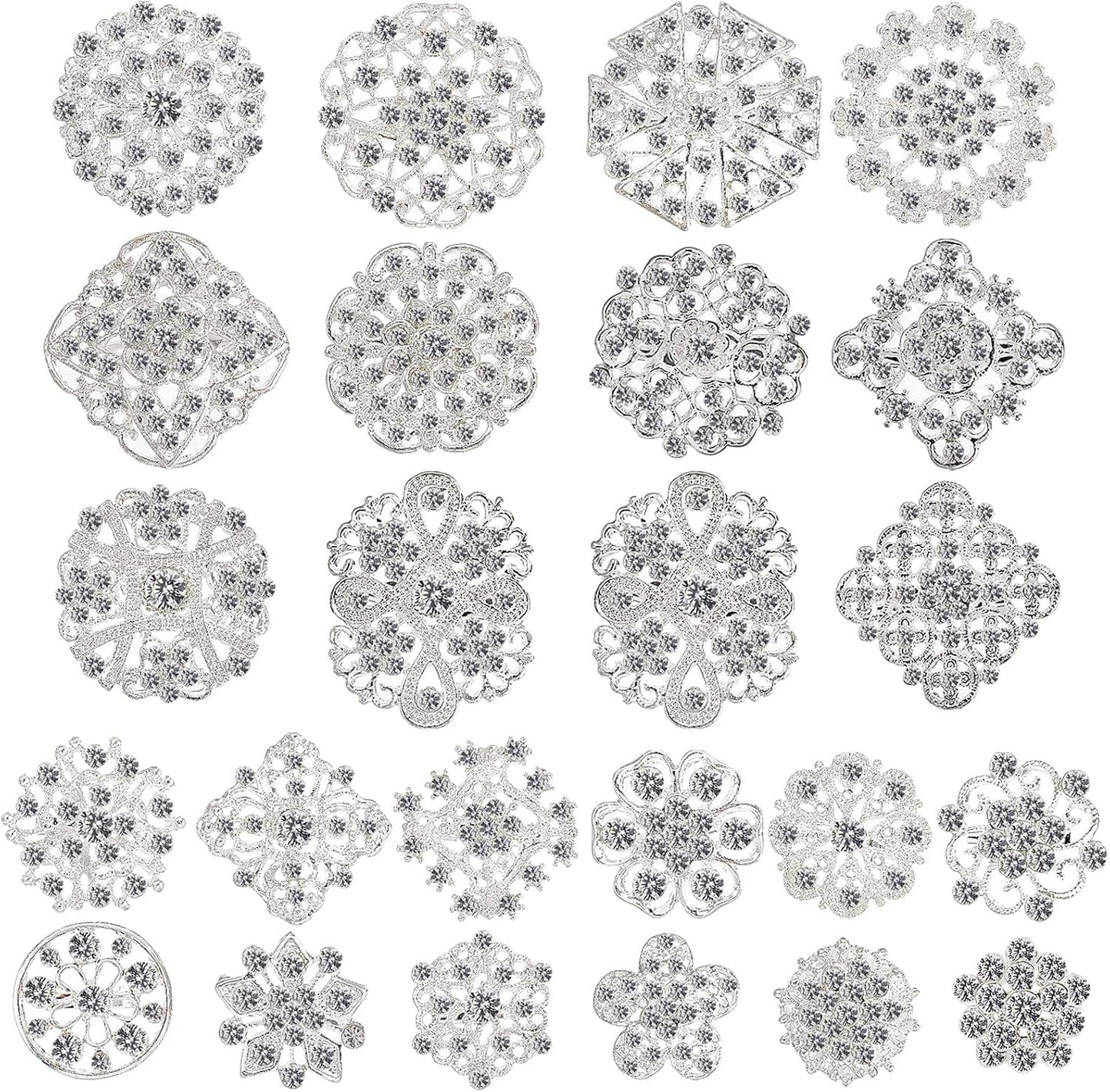 Lot 24 Pcs Crystal Brooches Pins, Silver Shining Clear Rhinestone Brooches Flower Jewelry Bridal Wedding Bouquet Kit Gift for Girls, Women, DIY Decoration