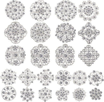 Lot 24 Pcs Crystal Brooches Pins, Silver Shining Clear Rhinestone Brooches Flower Jewelry Bridal Wedding Bouquet Kit Gift for Girls, Women, DIY Decoration