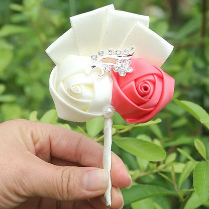 Handmade 8piece/lot Colorful Silk Rose Wedding Corsages Boutonniere Groom Diamond Wedding Flowers Boutonniere Brooch Flower
