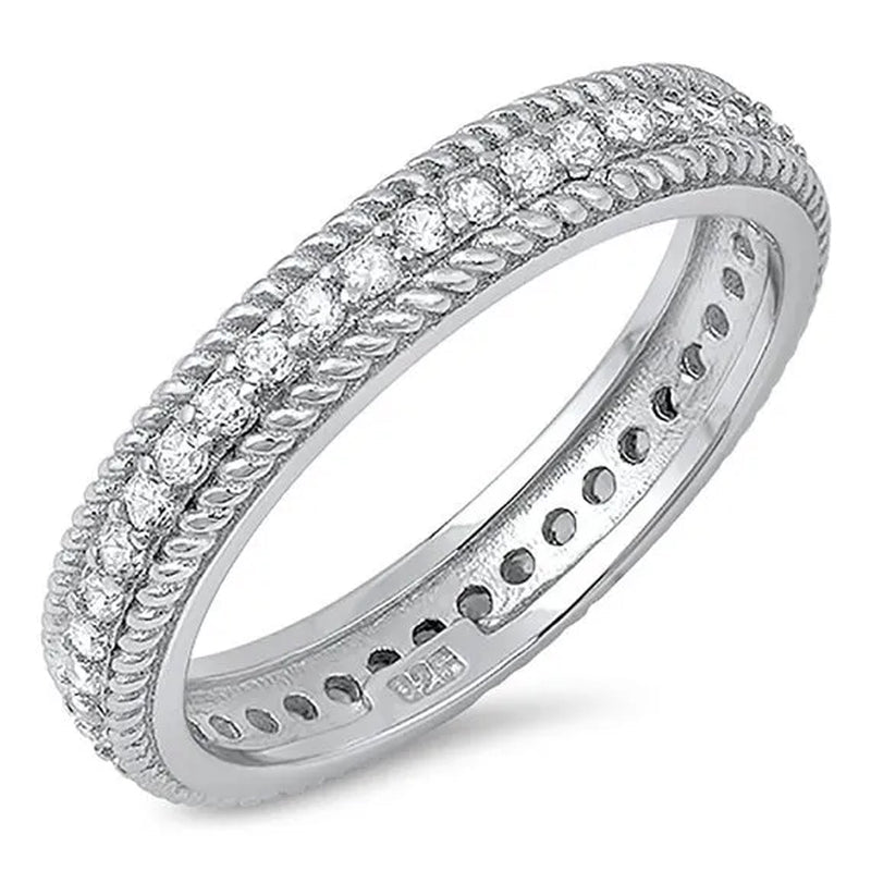 Sterling Silver 925 Diamond Cubic Zirconia CZ Vintage Antique Women'S Eternity Wedding Band Ring Size 5-10