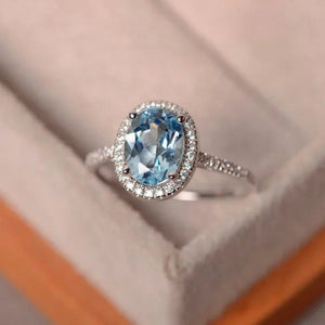 Brilliant Oval Aquamarine White Diamond Halo Ring 18K White Gold Bride Promise Wedding Engagement Jewelry Gifts