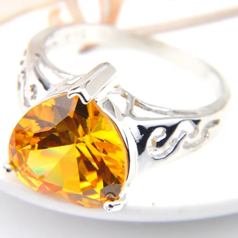Luckyshine Heart Fire Royal Citrine Gems Silver Rings Earrings Pendants Necklace Jewelry Sets for Valentine'S Day Gift
