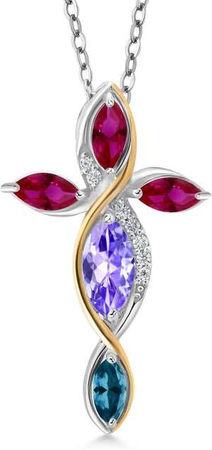 1.61 Ct Blue Tanzanite Red Created Ruby 925 Silver and 10K Yellow Gold Lab Grown Diamond Cross Pendant with Chain