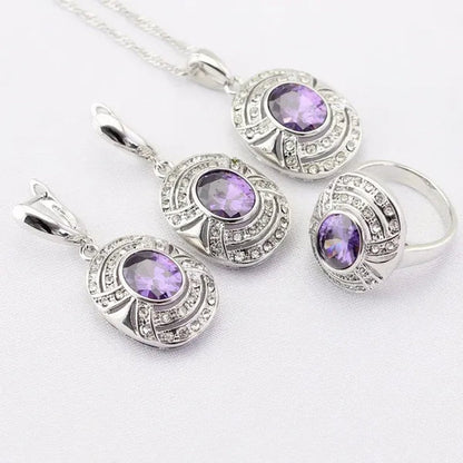 Blue Zircon White Zircon Silver Jewelry Sets for Women  Silver  Necklace and Pendant Rings Drop Earrings